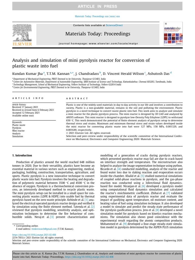 Mini Reactor Design for Plastic Pyrolysis | PDF | Pyrolysis | Stress ...