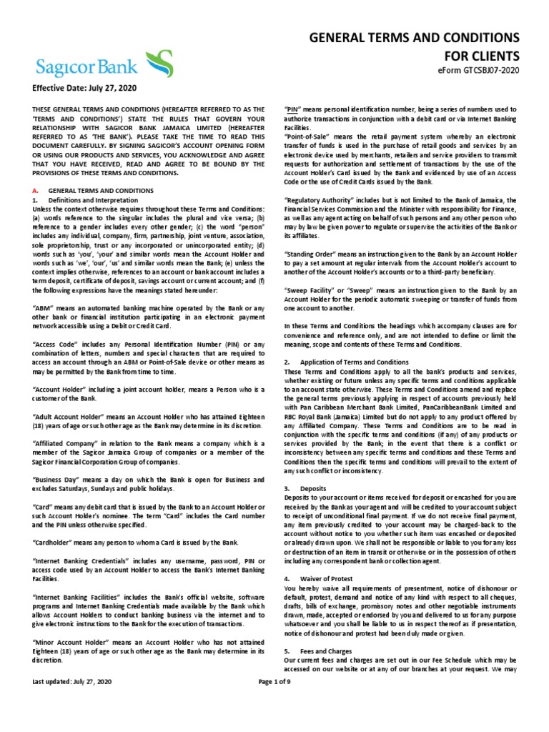 Sagicor Bank Account Terms and Conditions July 27 2020 PDF Cheque