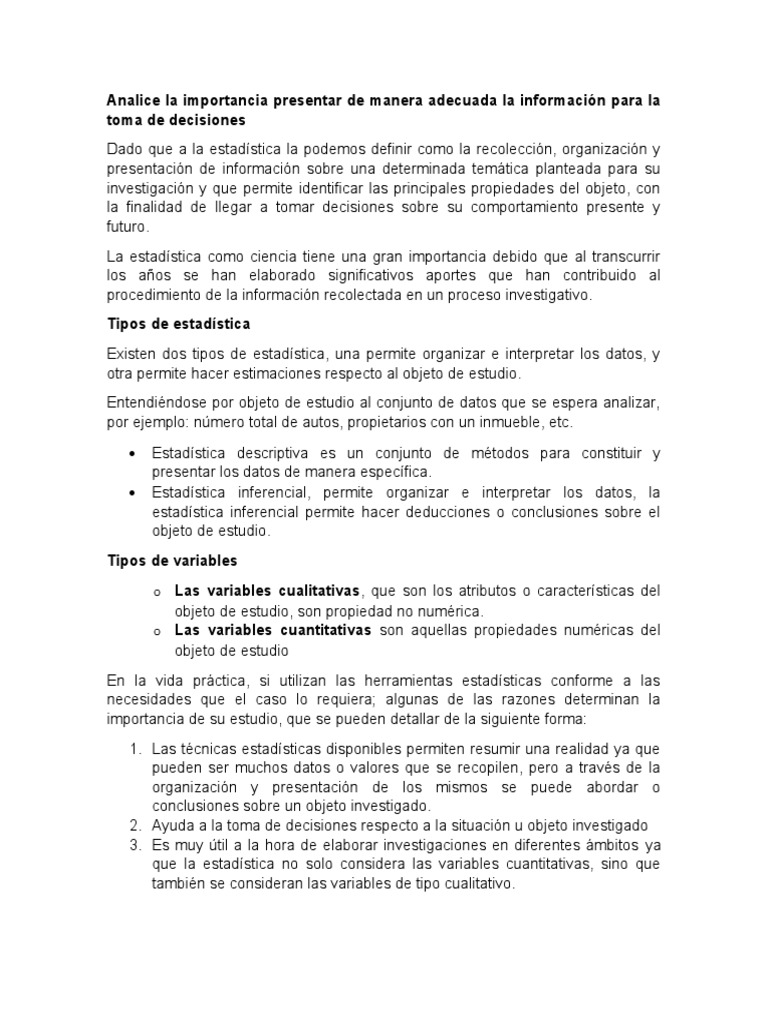 Importancia de la Estadística en Decisiones | PDF | Estadísticas | Toma ...