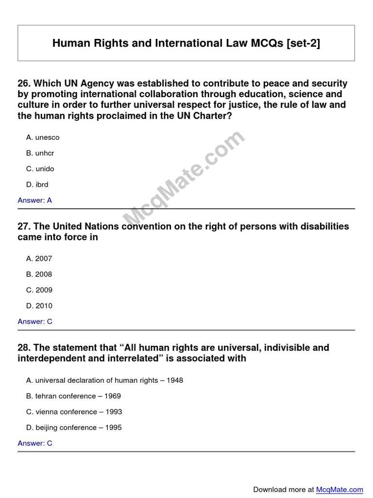 Human Rights and International Law MCQs Set 2 | PDF | Human Rights ...