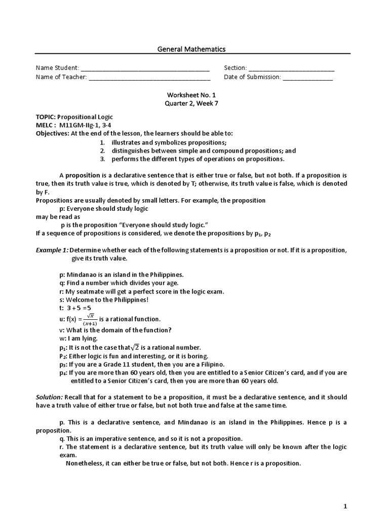 Propositional Logic Worksheet | PDF | If And Only If | Proposition