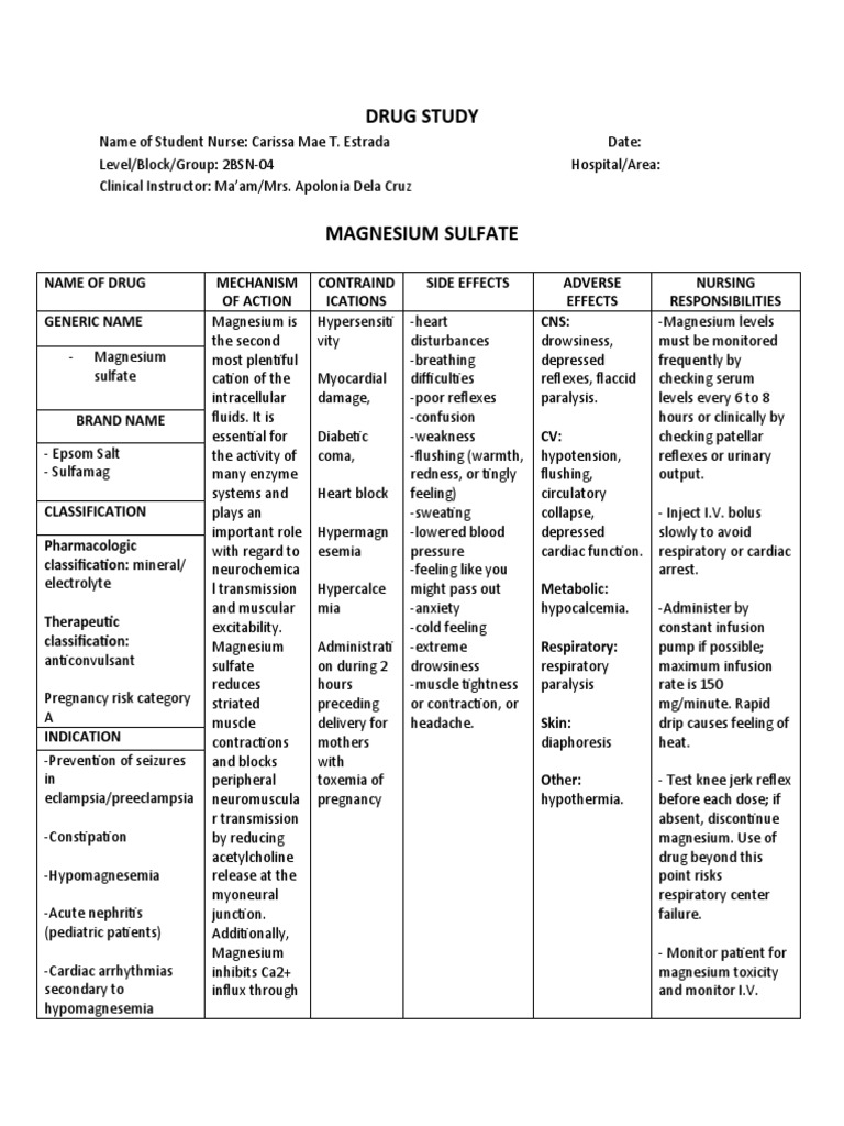 DRUG STUDYMagnesium Sulfate PDF Magnesium Intravenous Therapy