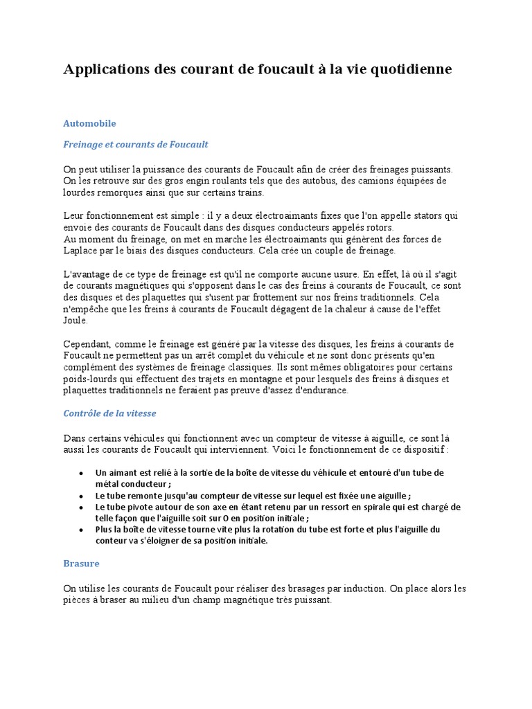 Applications des courants de Foucault PDF Frein Ingénierie mécanique — free download
