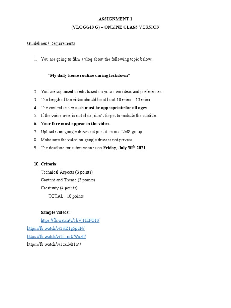 Assignment 1 (Vlogging) - Online Class Version | PDF | Career & Growth
