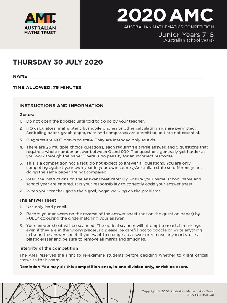 2020 Australian Mathematics Competition AMC Juniors Years 7 and 8 | PDF ...
