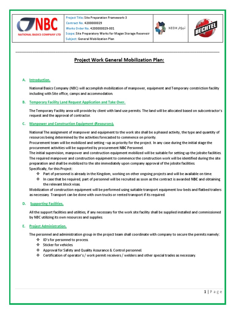 Project Work General Mobilization Plan:: A. Introduction | PDF | Transport