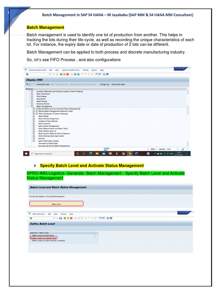 Batch Management FIFO Process in Sap S4 HANA PDF Inventory Shelf Life