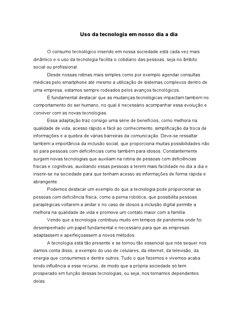 Redação - Uso Da Tecnologia em Nosso Dia A Dia | PDF