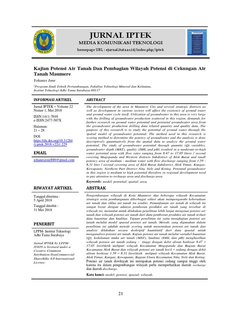 Jurnal Iptek: Kajian Potensi Air Tanah Dan Pembagian Wilayah Potensi Di ...