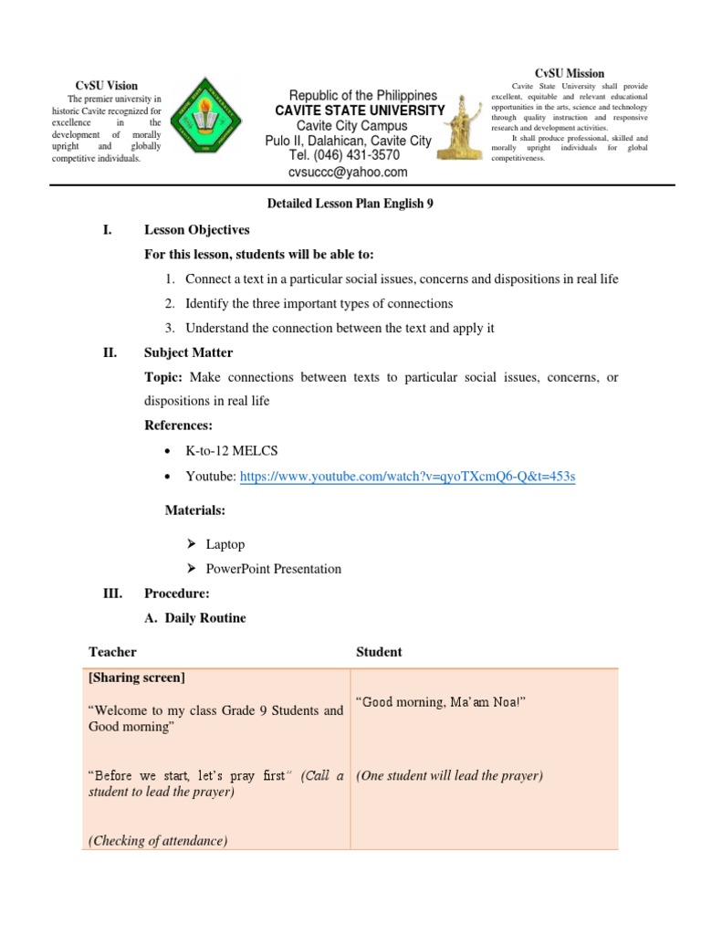 CvSU Mission and Vision | PDF | Reading Comprehension | Lesson Plan