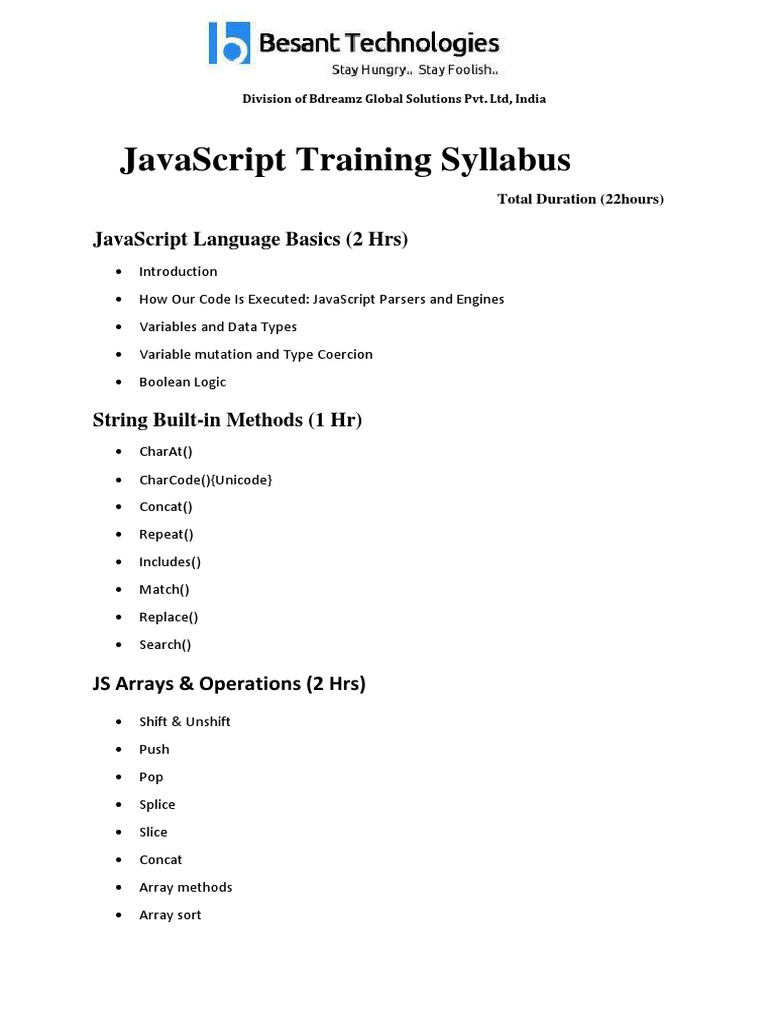 JavaScript Syllabus - Besant Technologies | PDF | Ajax (Programming) | Json