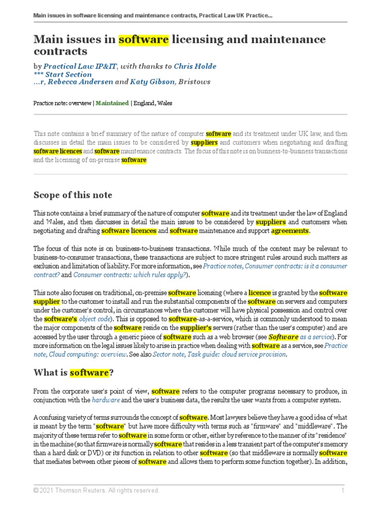 Main Issues in Software Licensing and Maintenance Contracts | PDF ...