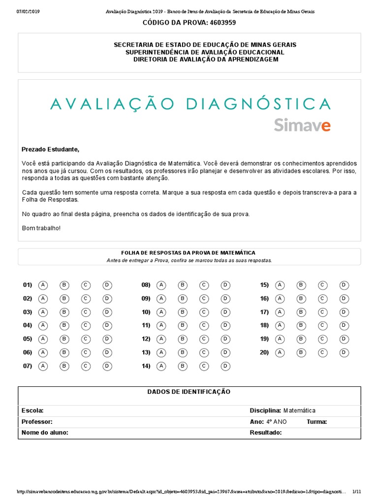 Avaliação Diagnóstica Simave - Matemática 4 Ano | PDF