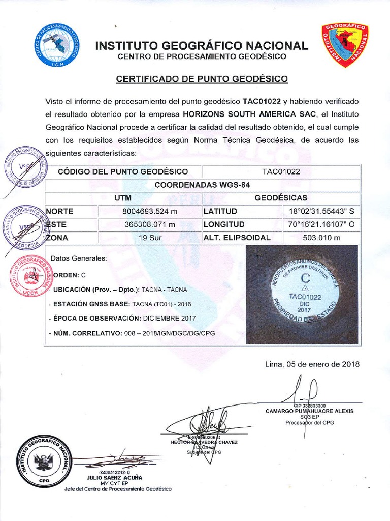 Ign-Certificado de Punto Geodesico Tac01022 | PDF
