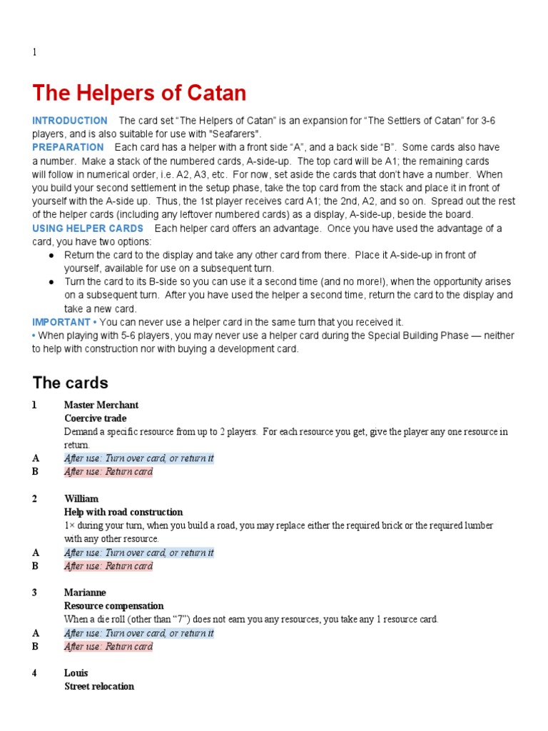 The Helpers of Catan (Rules) PDF Card Games Games Of Chance