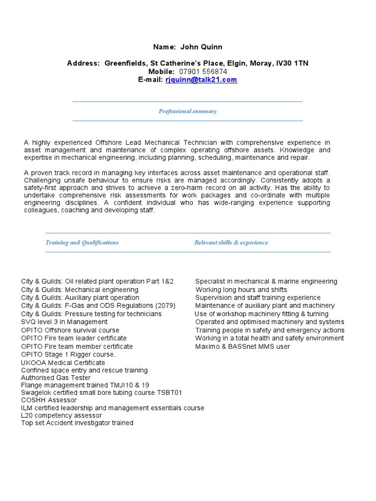 Name John Quinn Address Greenfields, ST Catherine's Place, Elgin