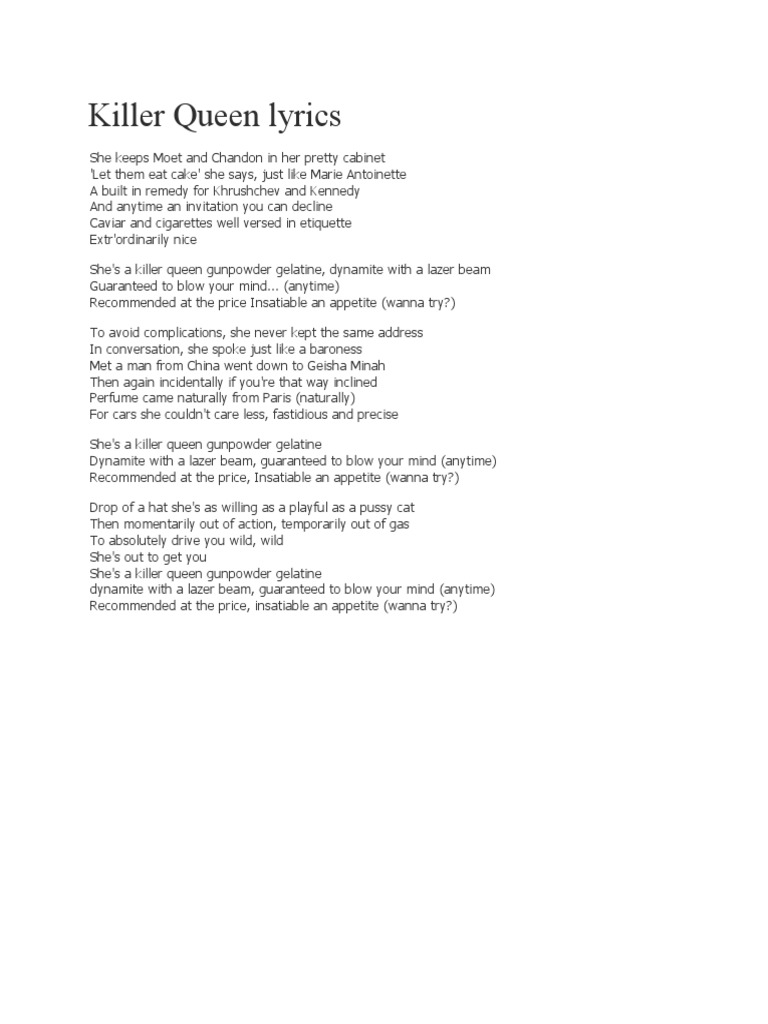 Killer Queen Lyrics Analysis | PDF | Poetry