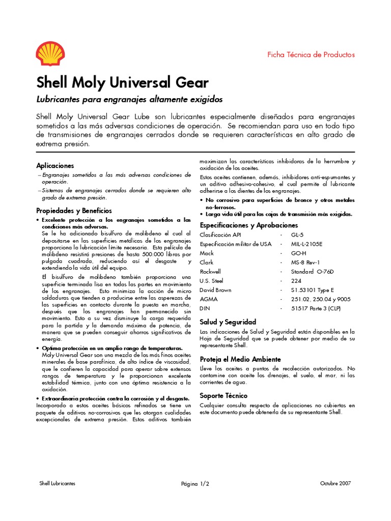 Lubricante Shell Moly para Engranajes | PDF | Lubricante | Engranaje