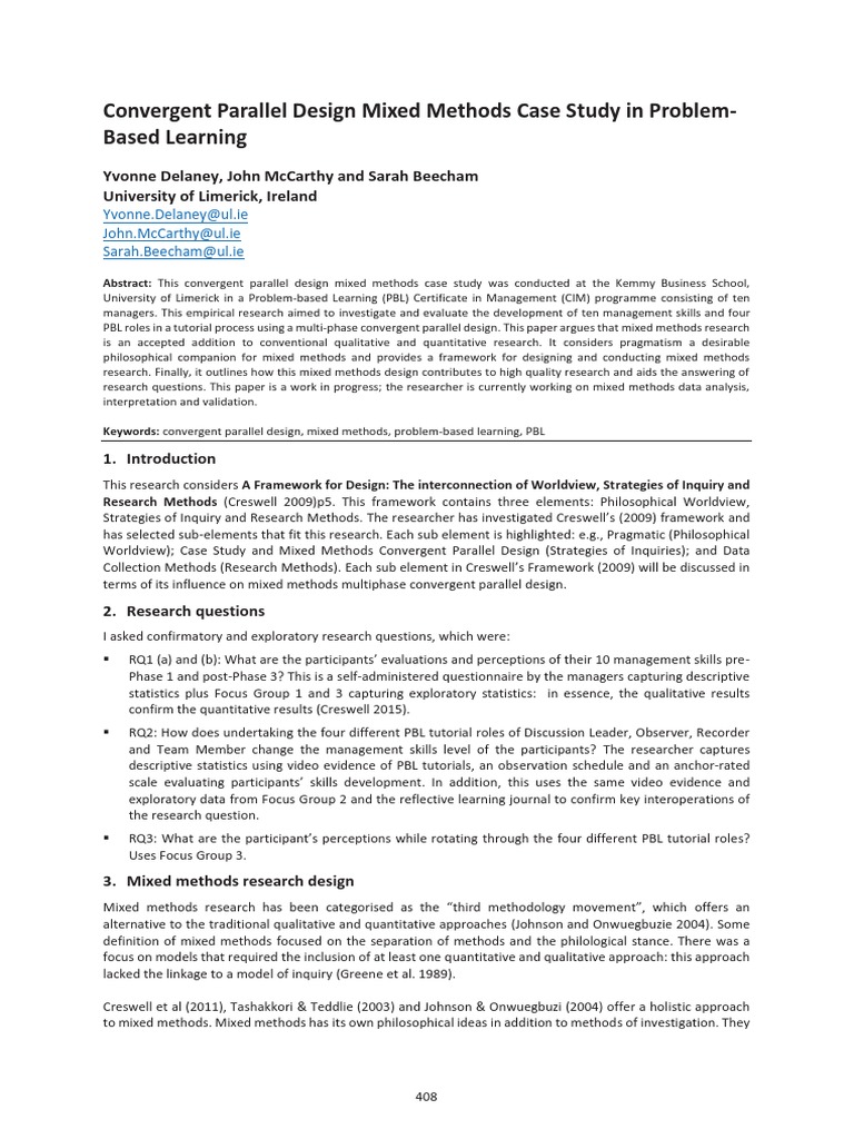 Convergent Parallel Design Mixed Methods Case Study in Problem-Based ...