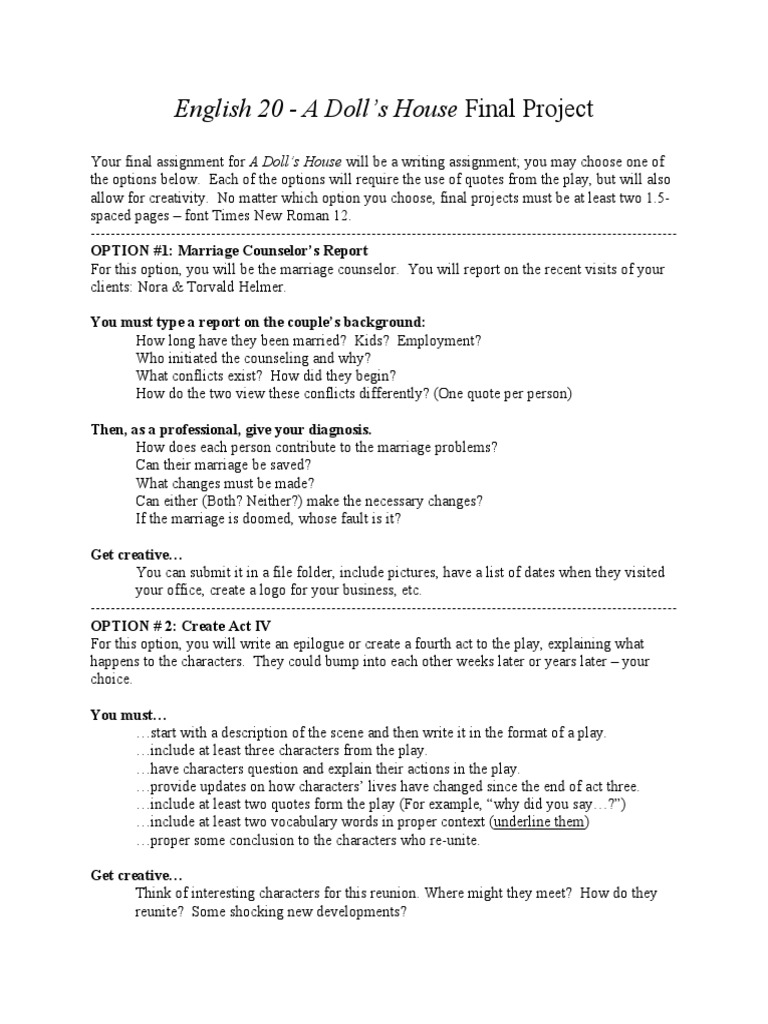 English 20 A Doll's House Final Project OPTION 1 Marriage