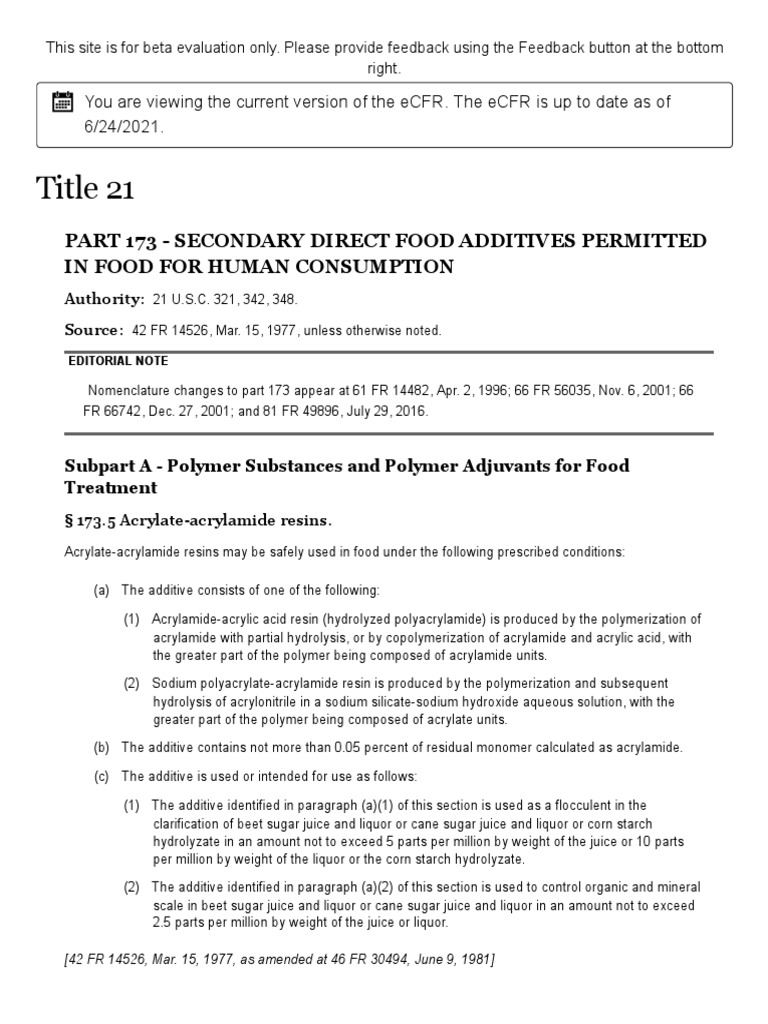 ECFR 21 CFR Part 173 Secondary Direct Food Additives Permitted in Food For Human Consumption