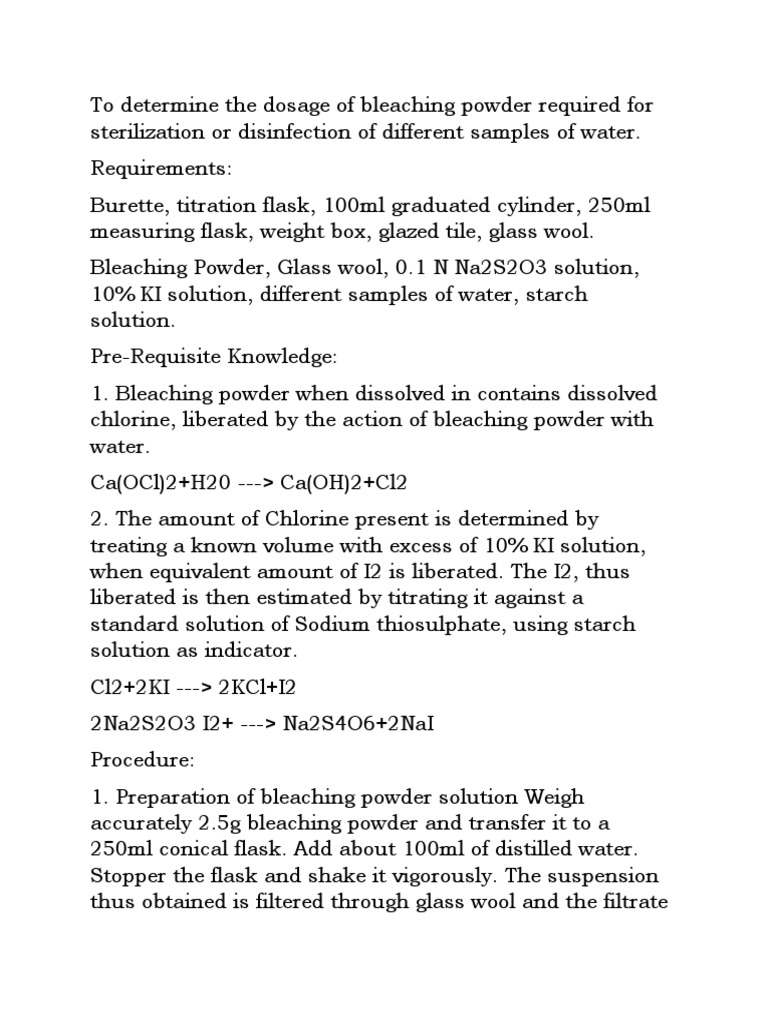 To Determine The Dosage of Bleaching Powder Required For Sterilization
