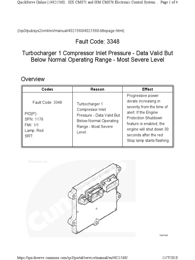 Fault Code 3348 Turbocharger 1 Compressor Inlet Pressure Data Valid