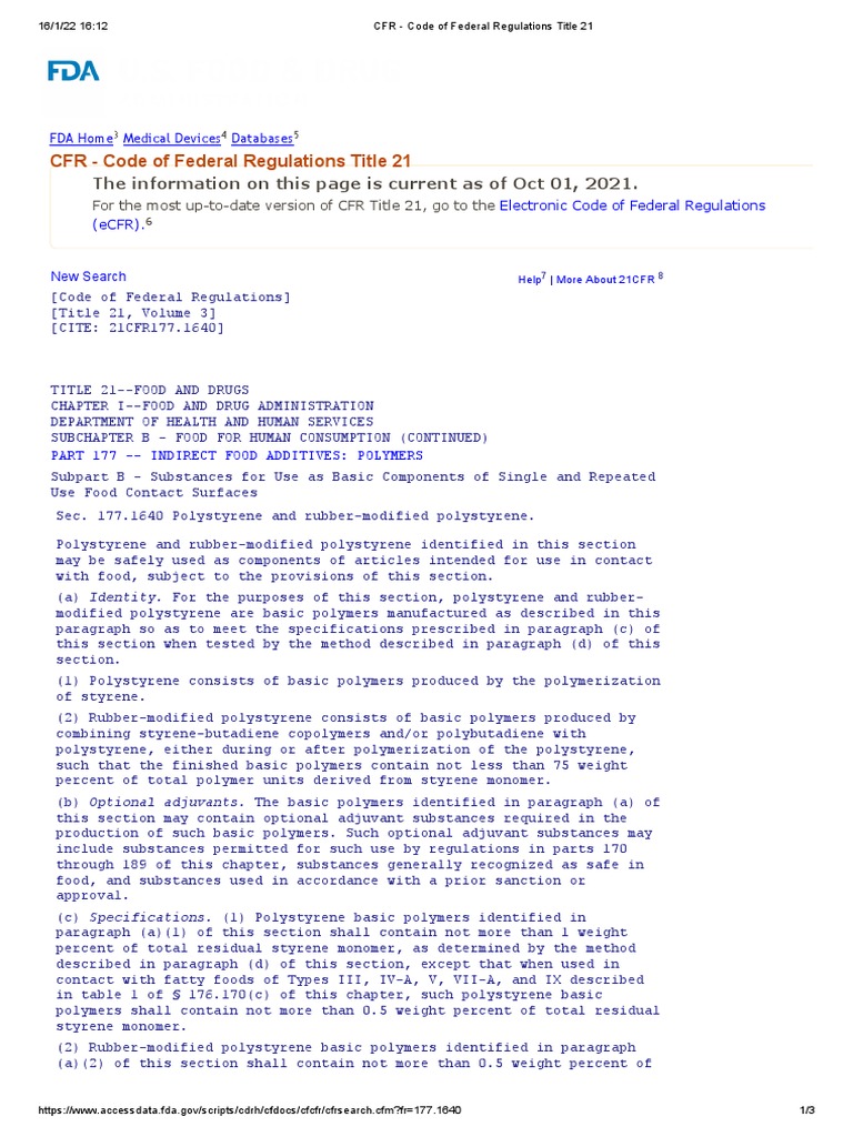 CFR Code of Federal Regulations Title 21 PDF Polystyrene Gas