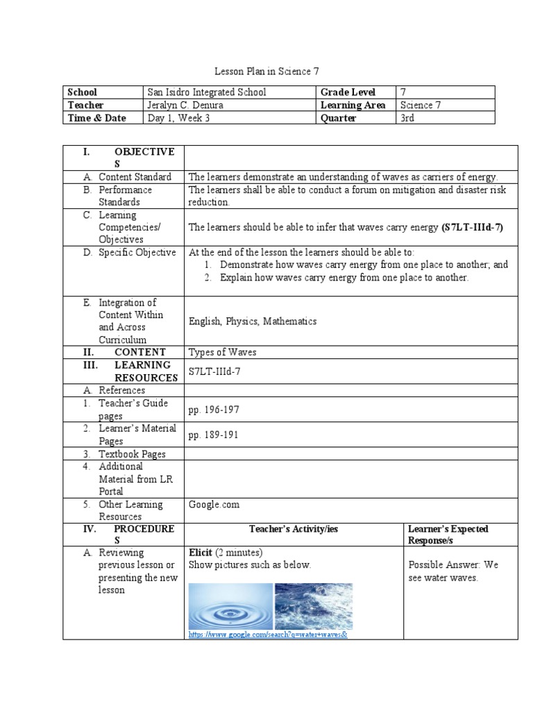Waves as Energy Carriers in Science 7 | PDF | Learning | Lesson Plan