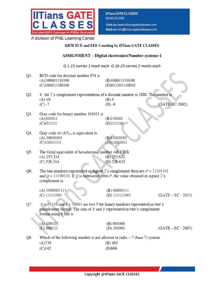 Gate ASSIGNMENT Digital Electronics (Number System) 1 Q 115