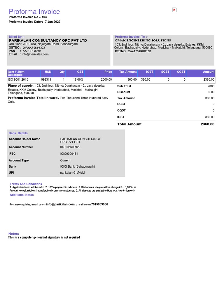 Proforma Invoice for ISO 9001:2015 Certification | PDF | Invoice ...