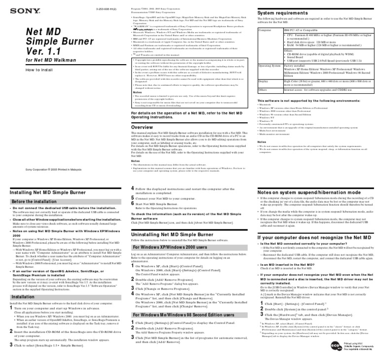 Net MD Simple Burner Ver. 1.1 System Requirements PDF Microsoft