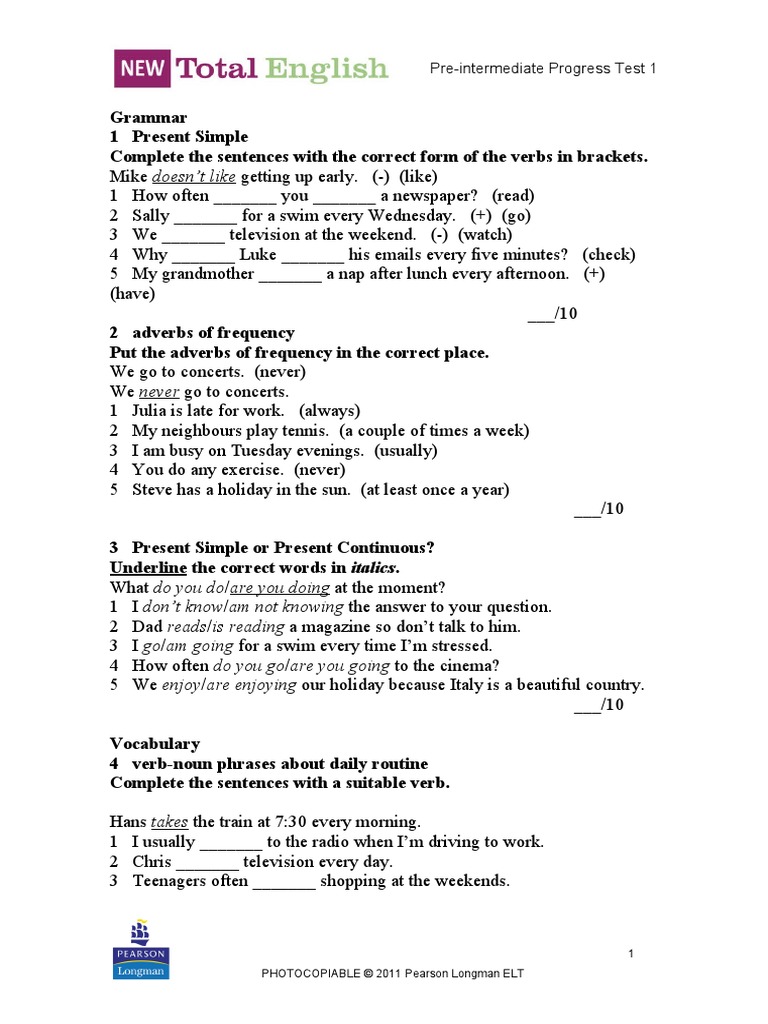 Pre-Intermediate Progress Test 1: PHOTOCOPIABLE © 2011 Pearson Longman ...