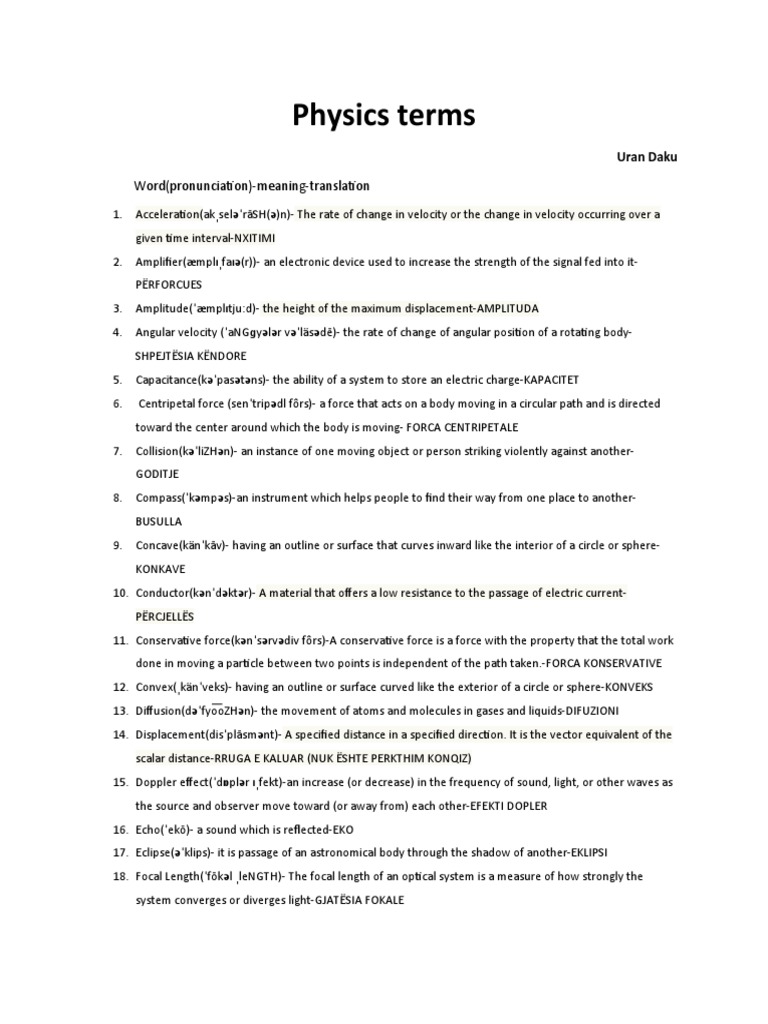 Physics Terms: Word (Pronunciation) - Meaning-Translation | PDF | Force ...