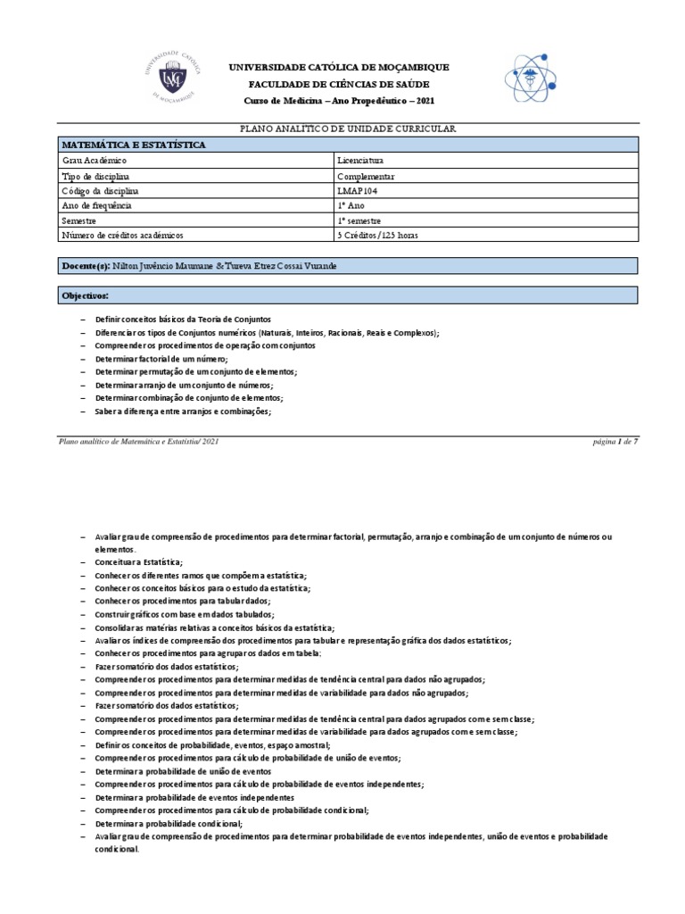 Plano Analitico de Matematica e Estat.PROPED.2021 PDF Dispersão