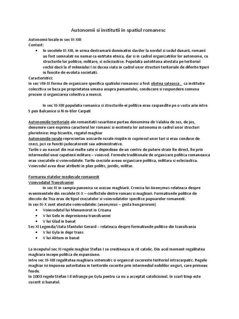 Autonomii Si Institutii in Spatiul Romanesc | PDF