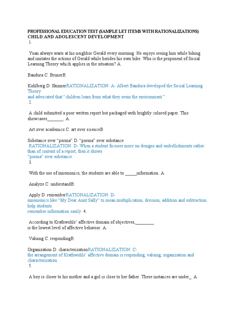 Professional Education Test (Sample Let Items With Rationalizations ...