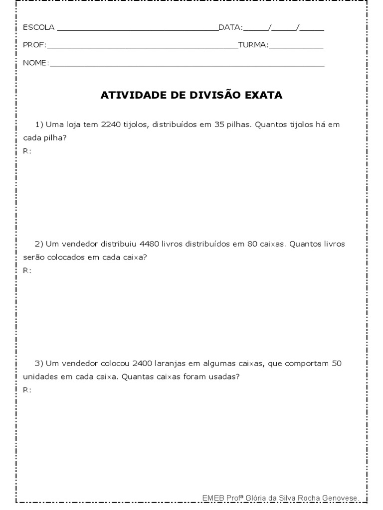 Atividade de Matematica Divisao Exata 5 Ano | PDF