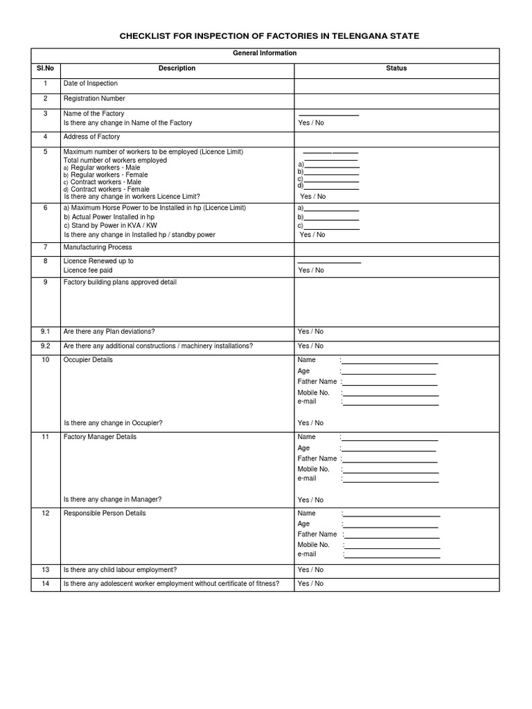 Telangana Factory Inspection Checklist | PDF | Occupational Safety And ...