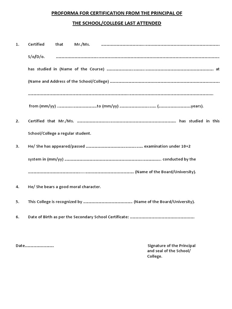 7 B.sc. Proforma For Certification From The Principal | PDF