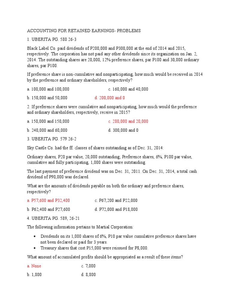 Accounting For Retained Earnings Problems PDF Preferred Stock