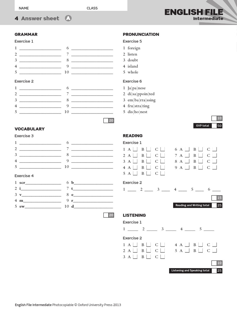 English File: Answer Sheet | PDF | Linguistics | Human Communication