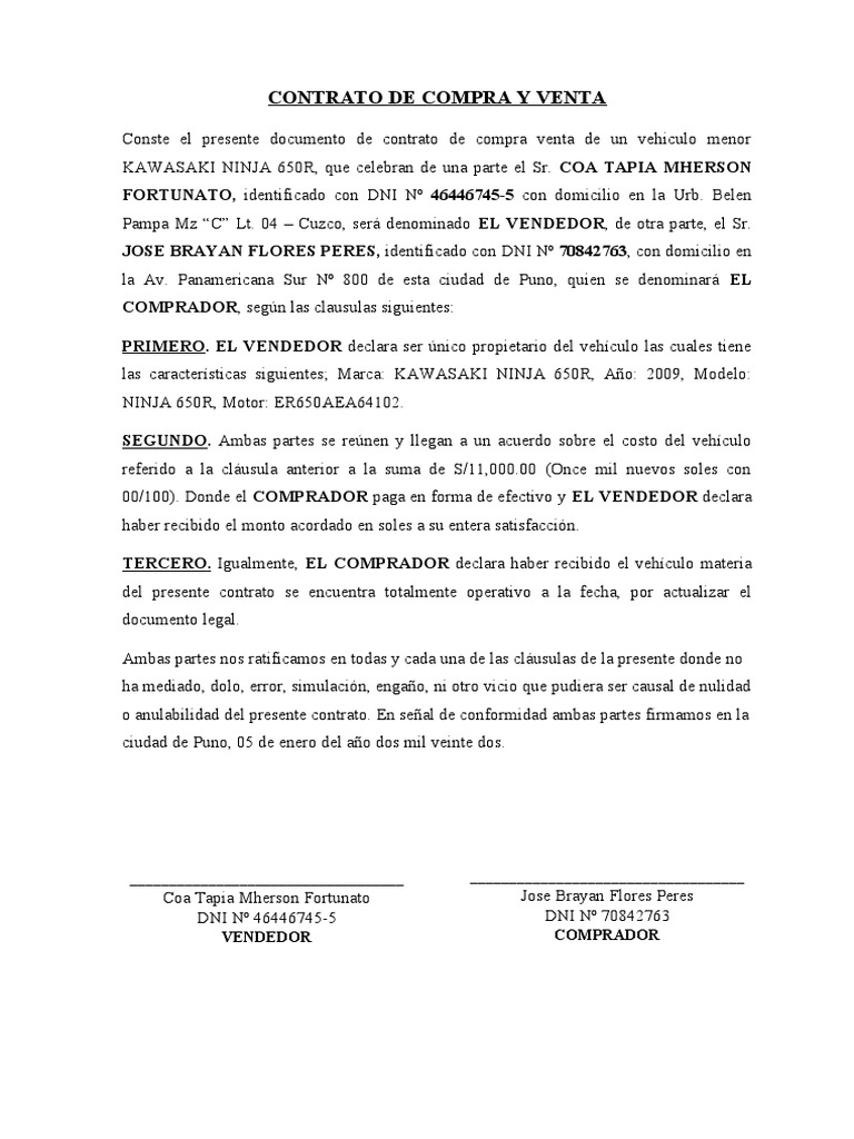 Contrato de Compra y Venta Vehiculo Menor Motocicleta | PDF