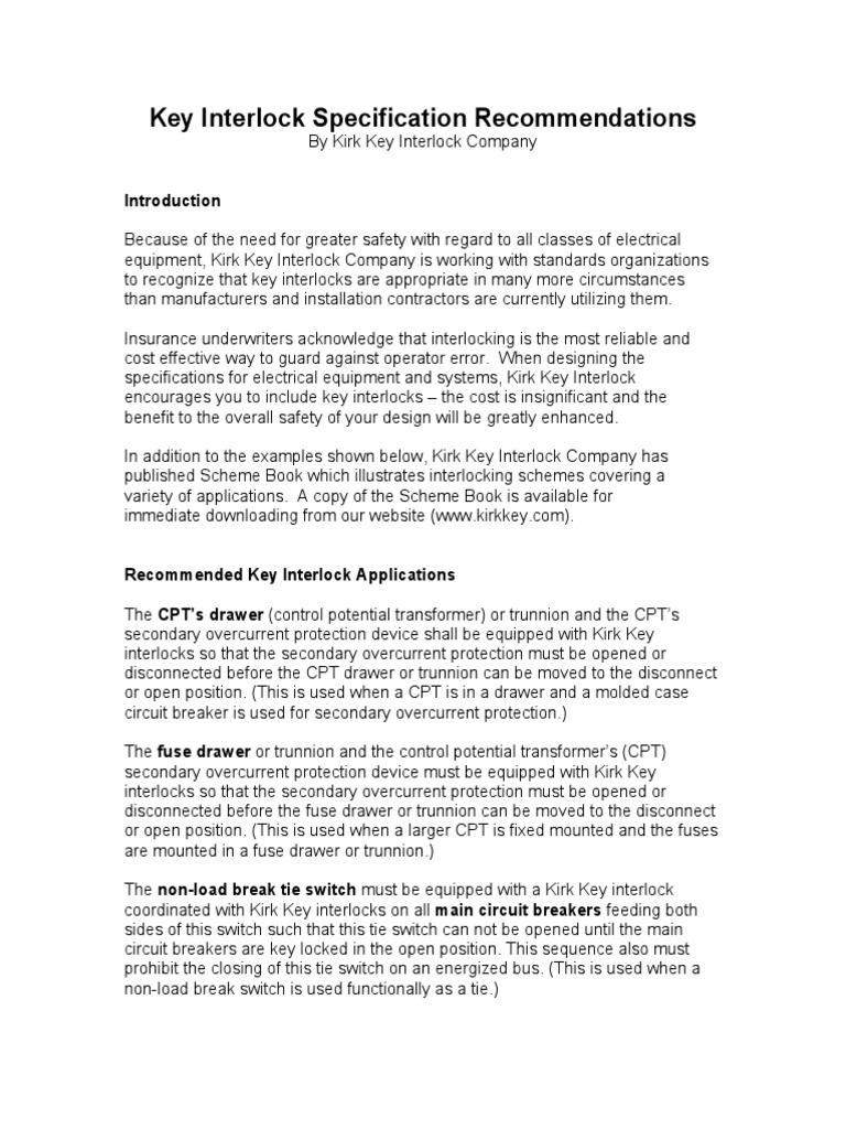 Key Interlock Safety Specifications | PDF | Switch | Fuse (Electrical)