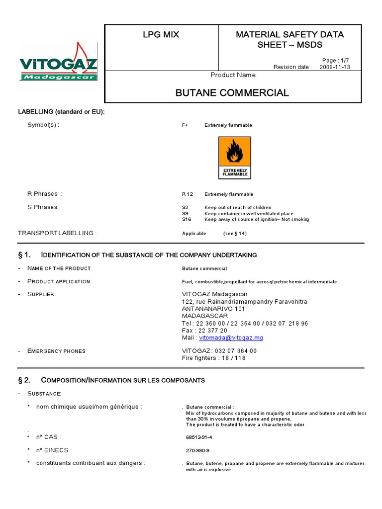 Butane Commercial LPG Mix Material Safety Data Sheet Msds PDF