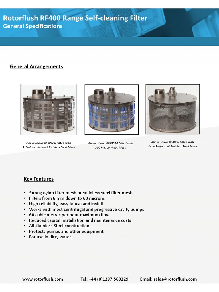 RF400 Self-cleaning Filter Specs | PDF | Pump | Stainless Steel
