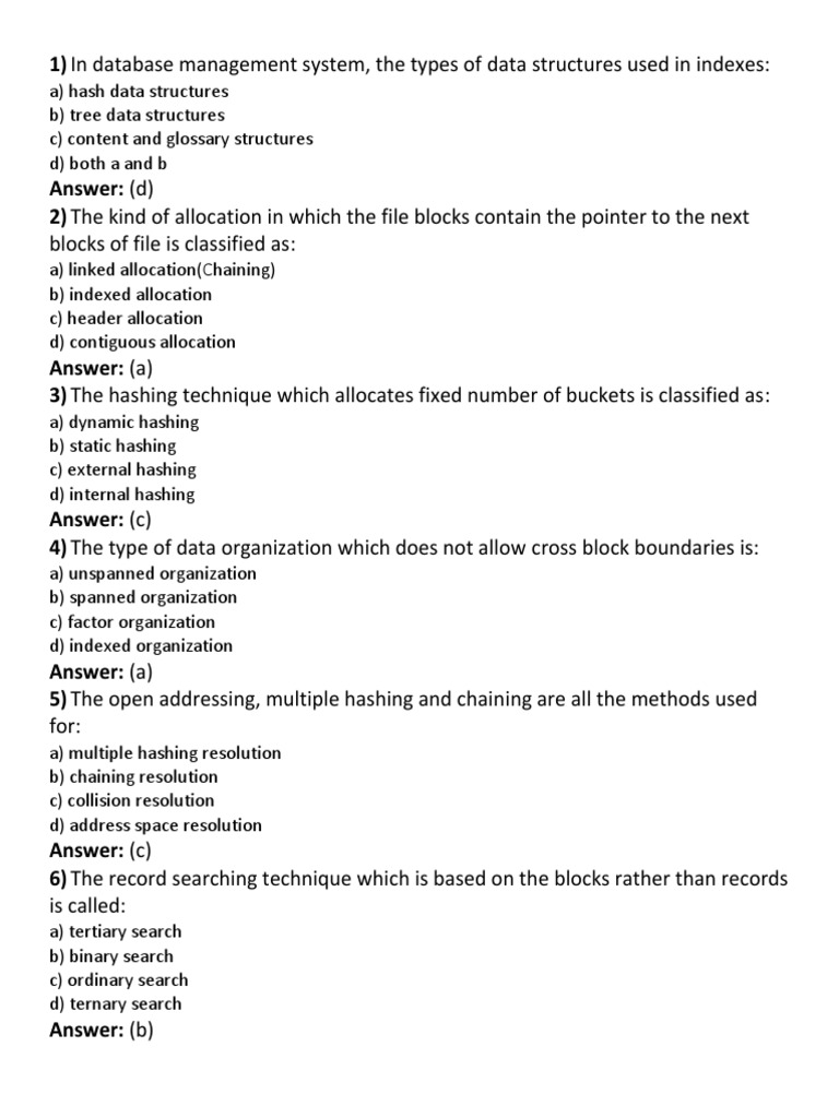 HASHING and RAID MCQ PDF Database Index Disk Storage