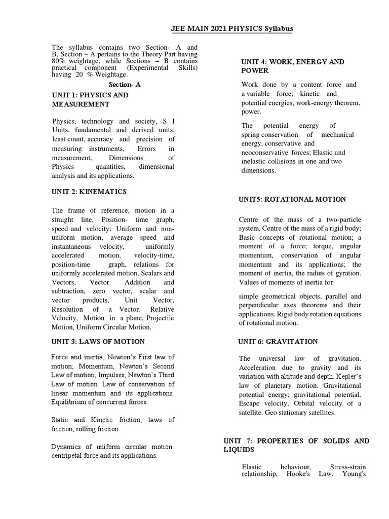 JEE Main 2021 Physics Syllabus Overview | PDF | Force | Electromagnetic ...