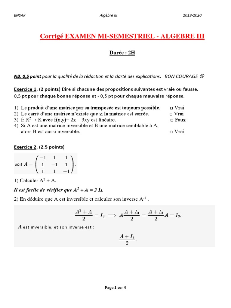 Corrigé CC1 Algèbre III - 2019-2020 | PDF | Matrice (Mathématiques ...