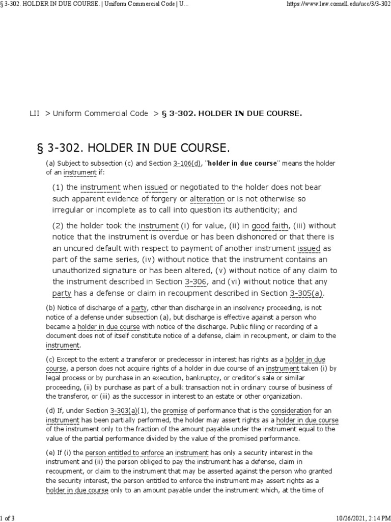3302. HOLDER in DUE COURSE. Uniform Commercial Code US Law LII Legal